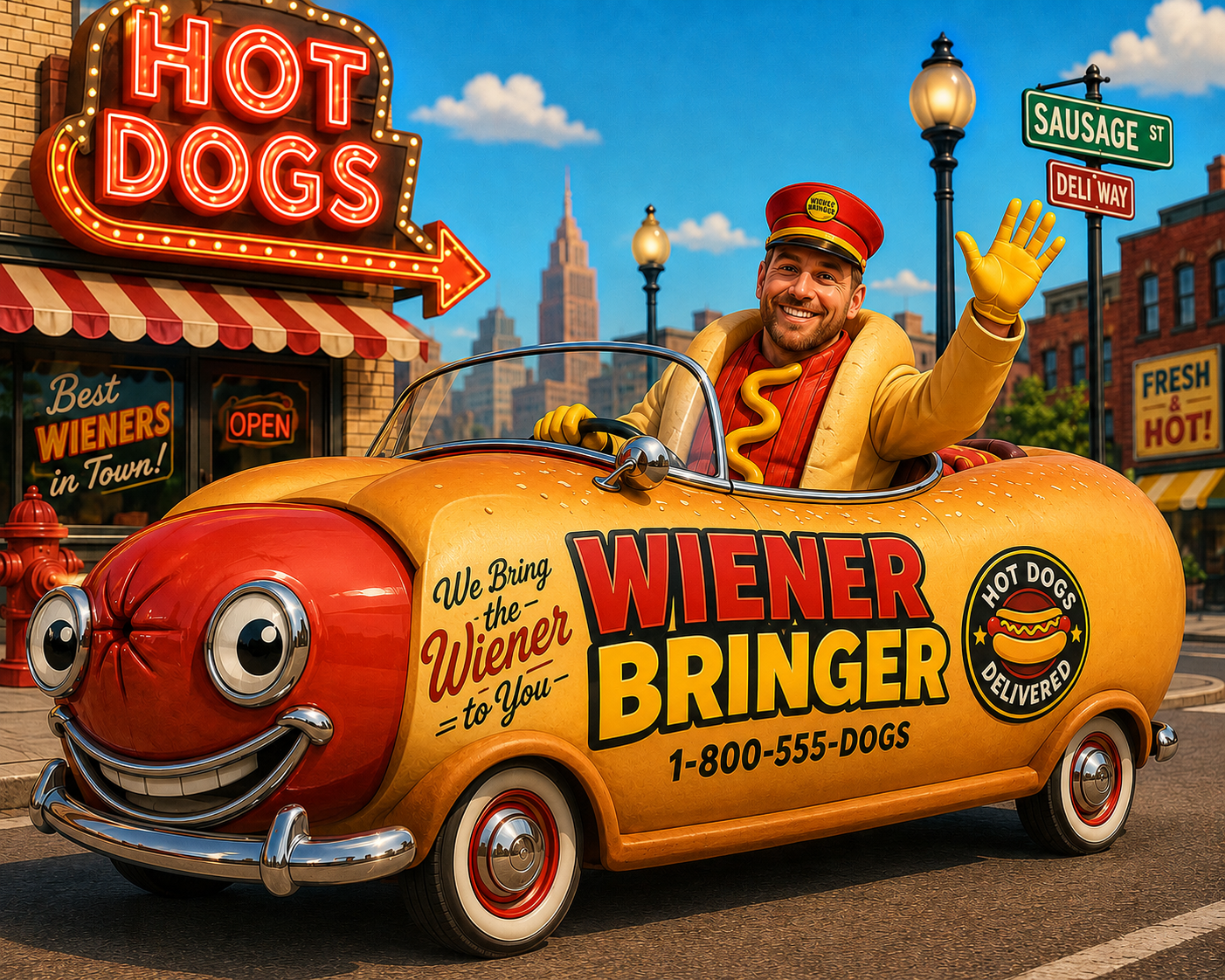 The Wiener Bringer delivery car, a giant hot dog on wheels, cruising through the city